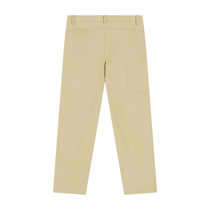 ODMPOD Avenue tapered pants in neutral fabric, showing a close-up of the sleek, tapered leg design and fabric texture.