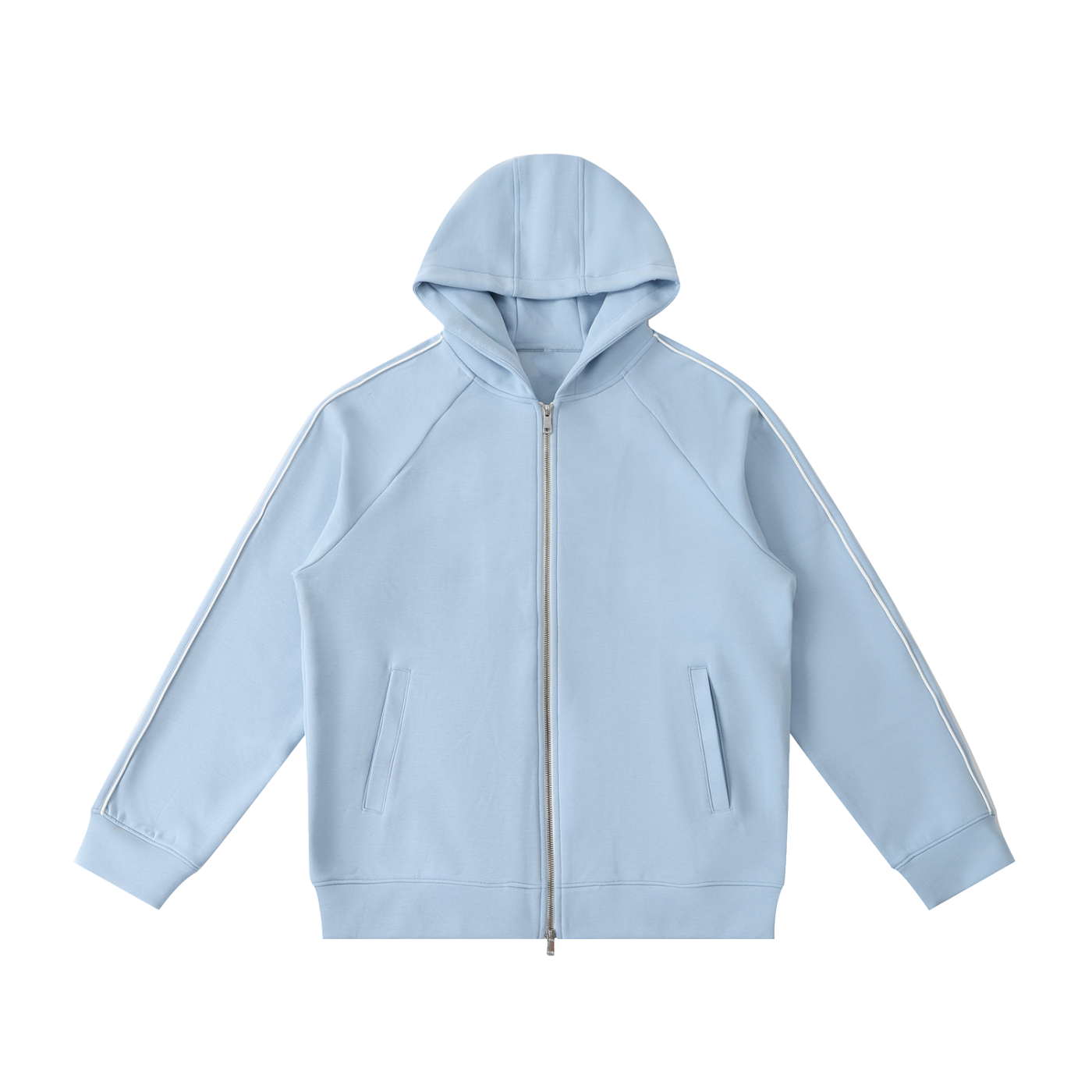 ODMPOD Northline Zip Hoodie in black with front pockets and adjustable drawstrings, displayed on a hanger.