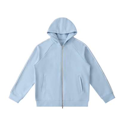 ODMPOD Northline Zip Hoodie in black with front pockets and adjustable drawstrings, displayed on a hanger.