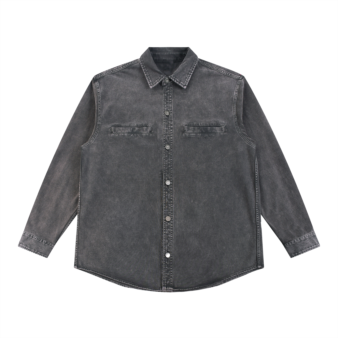 ODMPOD Outline Overshirt in neutral fabric, featuring a relaxed fit, collar, and button closure, displayed on a hanger.