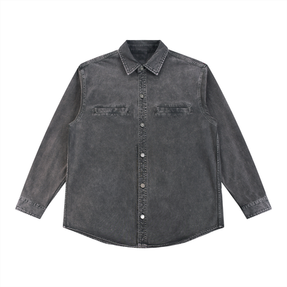ODMPOD Outline Overshirt in neutral fabric, featuring a relaxed fit, collar, and button closure, displayed on a hanger.