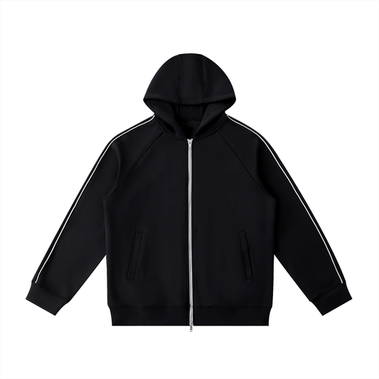 ODMPOD Northline Zip Hoodie in black, featuring a front zipper, hood, and casual fit, ideal for comfortable everyday wear.