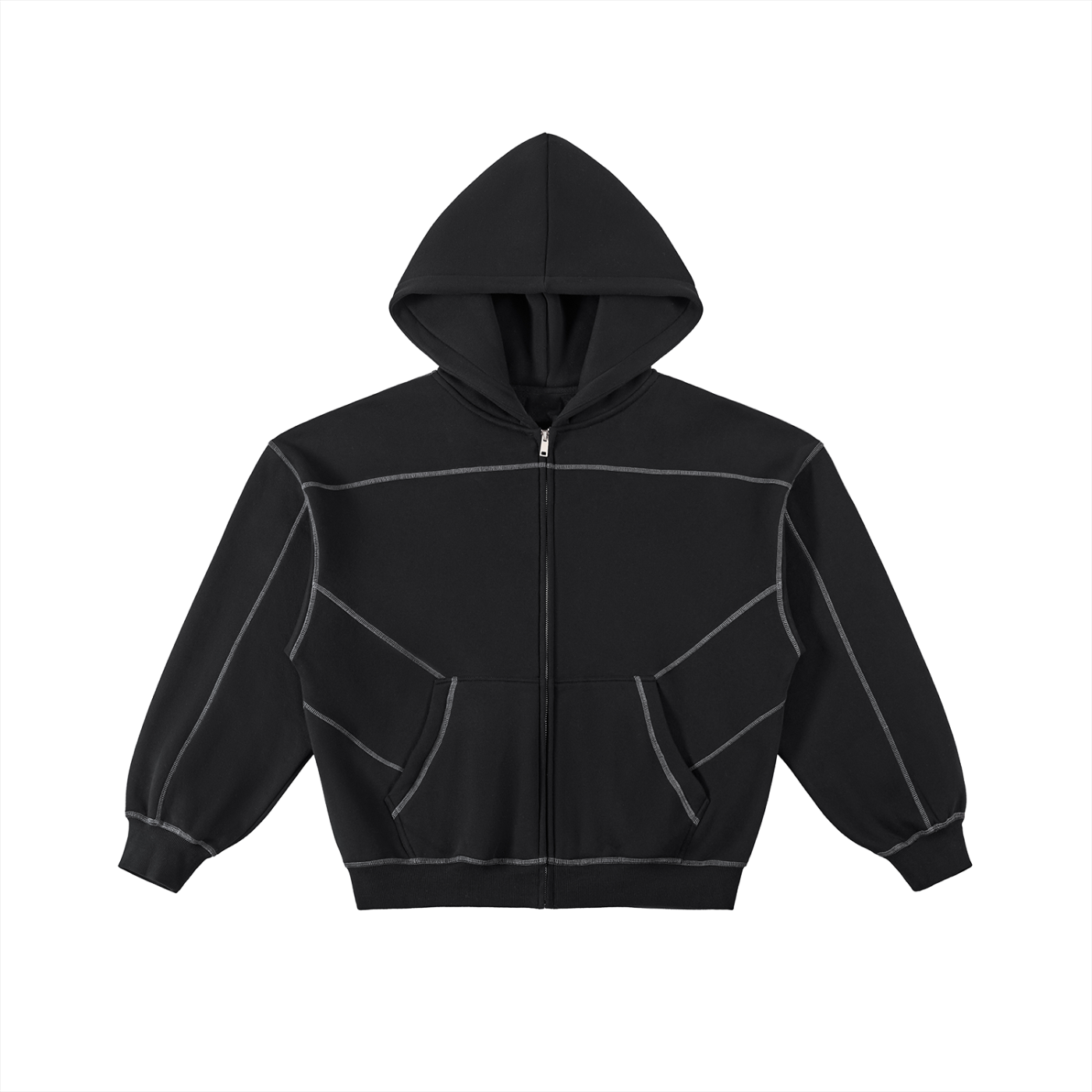 ODMPOD Presence Zip Hoodie in black, showing front view with full zipper, hood, and casual fit, made of comfortable soft fabric.
