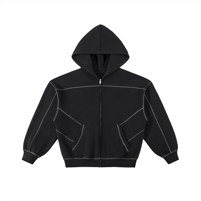 ODMPOD Presence Zip Hoodie in black, showing front view with full zipper, hood, and casual fit, made of comfortable soft fabric.
