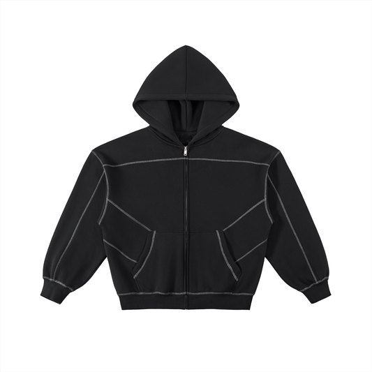 ODMPOD Presence Zip Hoodie in black, showing front view with full zipper, hood, and casual fit, made of comfortable soft fabric.