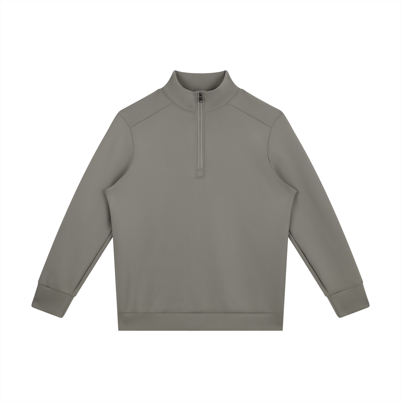 ODMPOD Atlas quarter zip sweatshirt in gray, featuring a fitted design and ribbed cuffs, shown on a hanger.