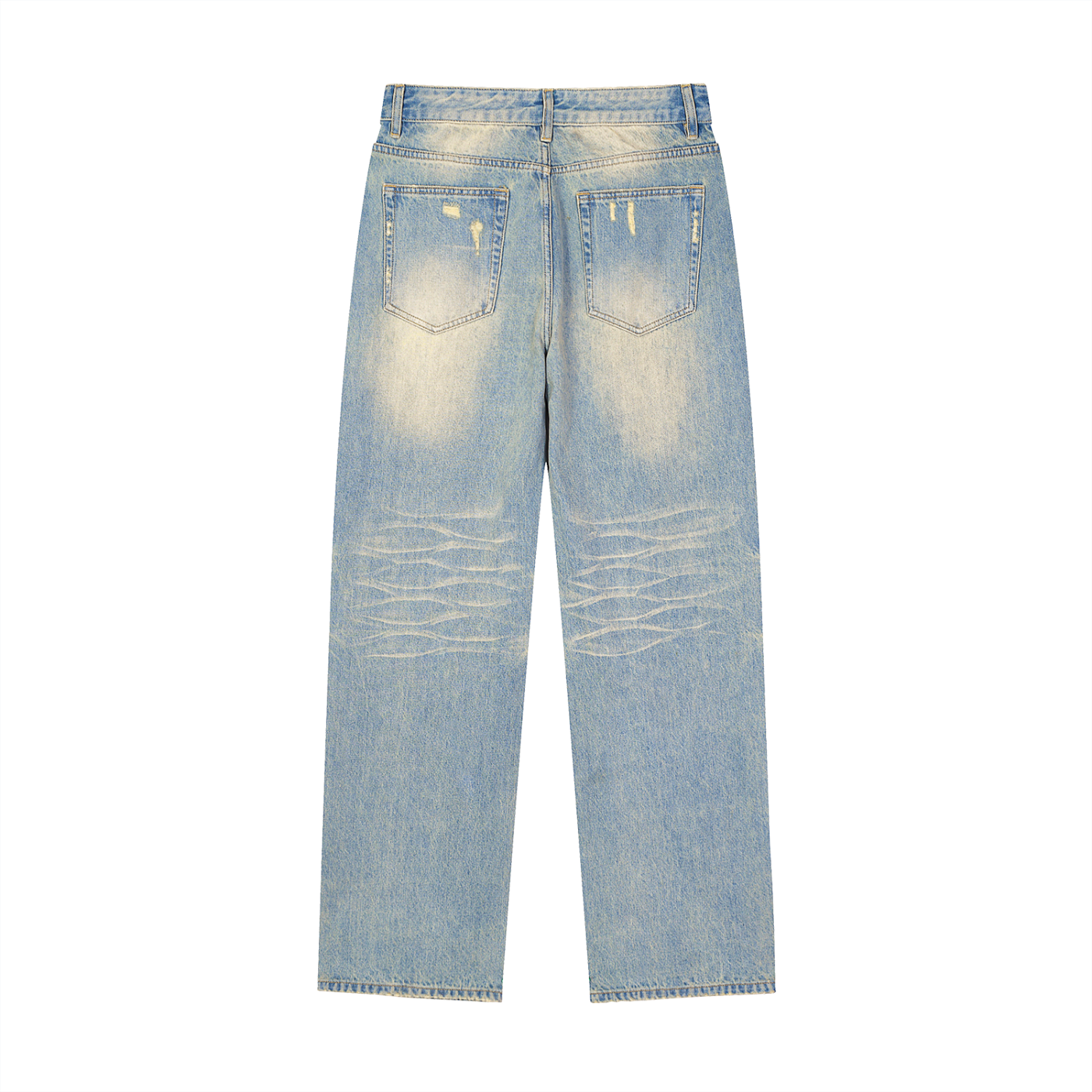 ODMPOD Daybreak Denim Jeans displayed on a hanger, showcasing classic blue denim with a slim fit design.