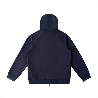 ODMPOD Northline Zip Hoodie in black, featuring a front zipper, hood, and casual fit, shown on a plain background.