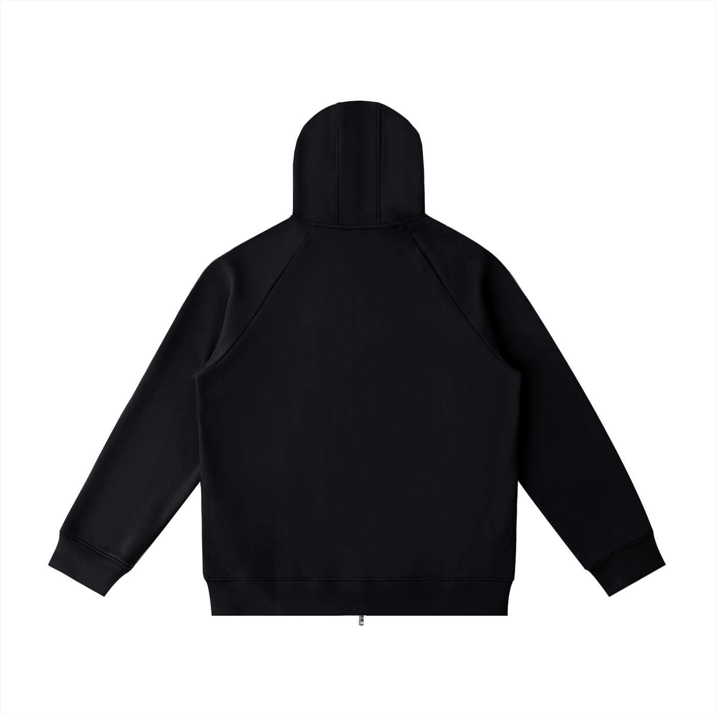 Northline Zip Hoodie by ODMPOD, front view showing black zip-up hoodie with adjustable drawstrings and front pockets.