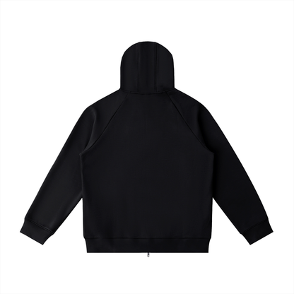 Northline Zip Hoodie by ODMPOD, front view showing black zip-up hoodie with adjustable drawstrings and front pockets.