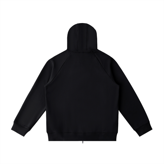 Northline Zip Hoodie by ODMPOD, front view showing black zip-up hoodie with adjustable drawstrings and front pockets.