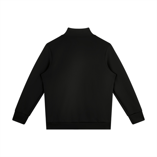 ODMPOD Atlas quarter zip pullover in a neutral color, close-up view showing the fabric texture and collar detail.