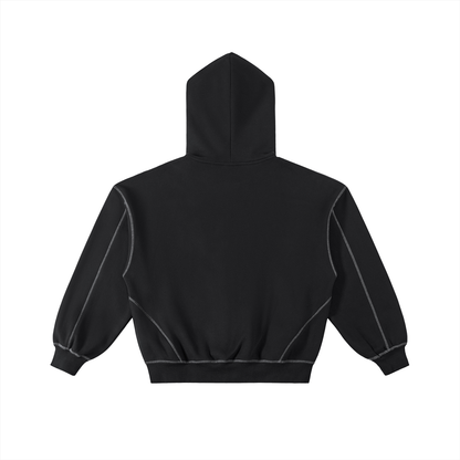 ODMPOD Presence Zip Hoodie in black, featuring a front zipper, adjustable hood, and comfortable casual fit.