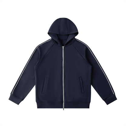 ODMPOD Northline Zip Hoodie displayed on a hanger, featuring a front zipper, drawstrings, and casual fit in a neutral color.