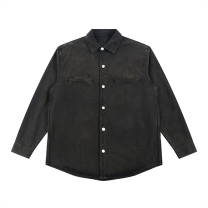 ODMPOD Outline Overshirt in neutral fabric, featuring a relaxed fit with button-up front and classic collar detail.