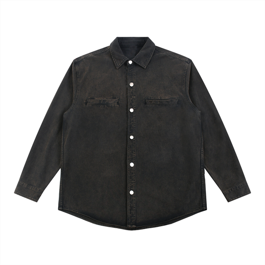 ODMPOD Outline Overshirt in neutral fabric, featuring a relaxed fit with button-up front and classic collar detail.